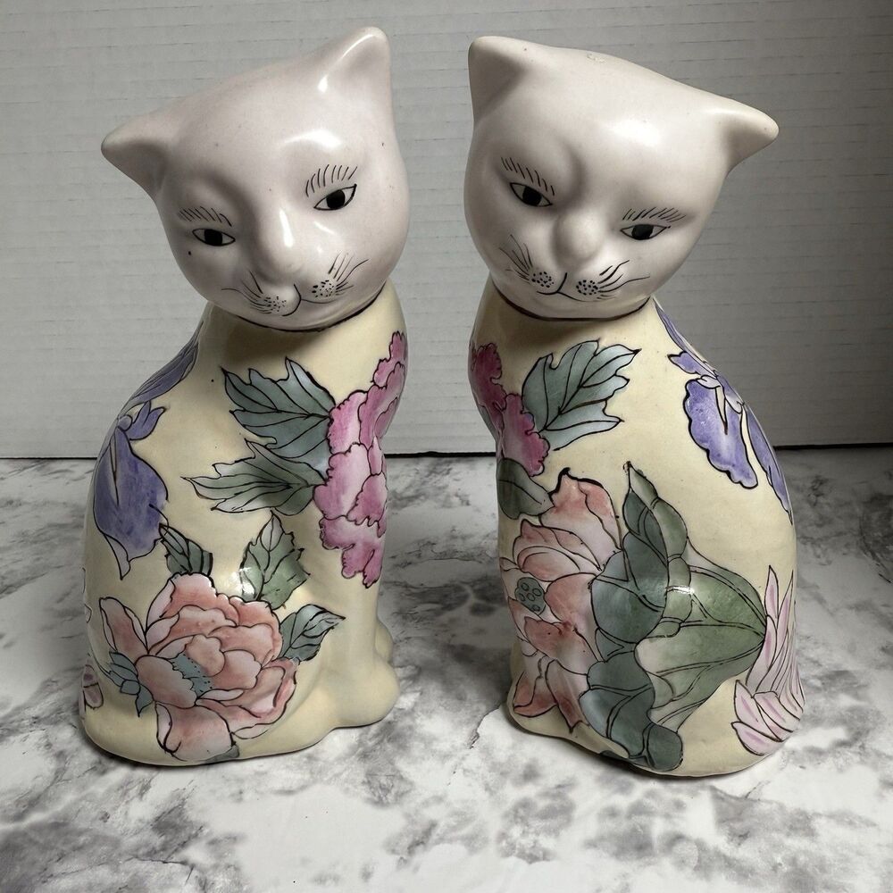 Pair Vintage Asian Lotus Flower Tattoo Cat Figurines Ceramic Handpainted China